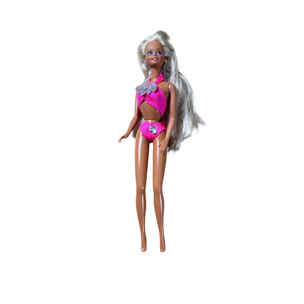 Blonde Fashion Doll Pink Rhinestone Swimsuit Plastic Hair Play Toy Collectible